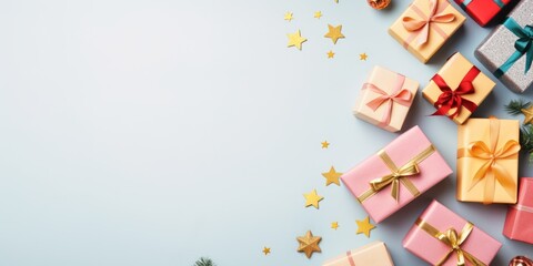 Merry Christmas and Happy new year. Festive background flat lay top view with gift boxes and festive decorative elements. Christmas gift box view from above, space for text