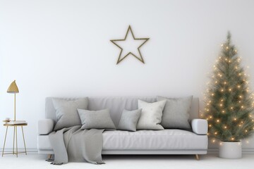 Mockup of a living room wall with a cozy grey sofa, fur pillow, stars, and a decorated Christmas tree against a white background. Rendered in 3D. Generative AI