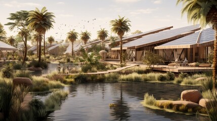 a sustainable desert oasis with solar-powered structures and lush palm groves