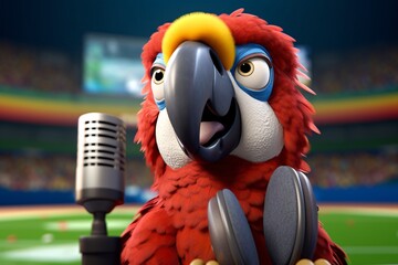 Cartoon parrot with microphone on a soccer stadium background. Parrot commentating on a football match. Portrait of a parrot with headphones on the background of a football stadium. 3D render
