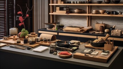 a traditional sushi chef's workspace, with bamboo mats, fresh ingredients, and culinary...