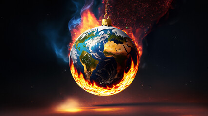 Sustainable concepts.: A burning Earth-shaped Christmas ornament for end of the world Christmas party