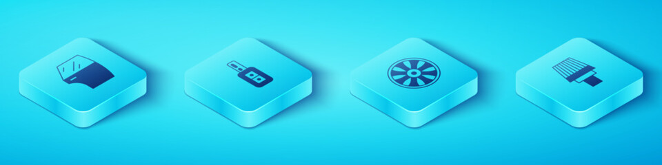 Set Isometric Car door, key with remote, air filter and Alloy wheel for car icon. Vector
