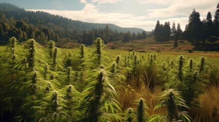 Cannabis in the field at sunset. Beautiful background with flowers of cannabis. Medical Cannabis Concept with a copy space.