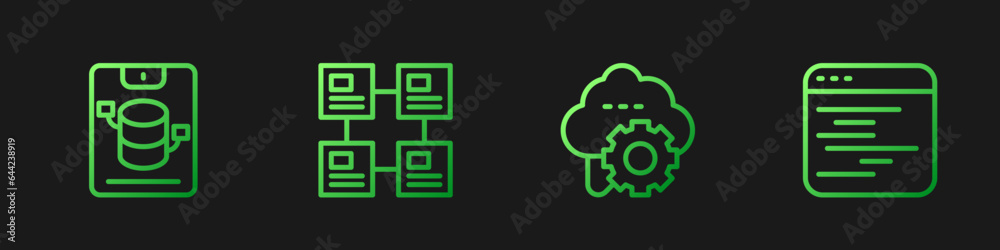 Poster set line cloud technology data transfer, server, data, web hosting, hierarchy organogram chart and s