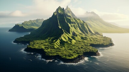 a volcanic island rising from the ocean, with lush vegetation at the base and volcanic craters at its peak - obrazy, fototapety, plakaty