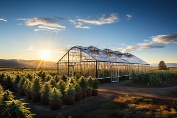 Aerial view of greenhouses with Cannabis. Cannabis Farm. Weed. Marijuana. Medical Cannabis Concept with a copy space.