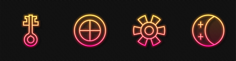 Set line Sun, Old magic key, Earth globe and Eclipse of the sun. Glowing neon icon. Vector