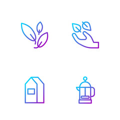 Set line French press, Paper package for milk, Tea leaf and in hand. Gradient color icons. Vector