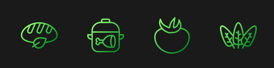 Set line Tomato, Vegan bread loaf, Cooking pot and chicken leg and Leaf. Gradient color icons. Vector
