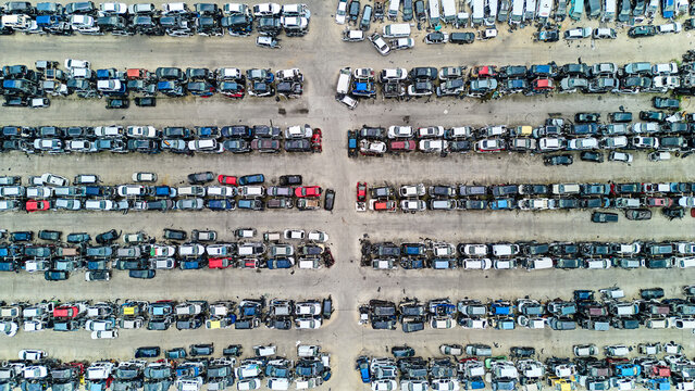 Aerial view image of scrap cars. Aerial view of old cars. Cars for spare parts
