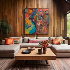 Contemporary sectional placed in Bohemian style living room, wood-paneled wall