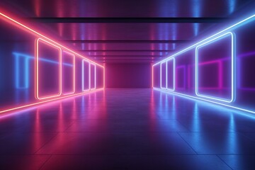 Vibrant, futuristic empty room with neon lights in a reflective concrete corridor. Generative AI