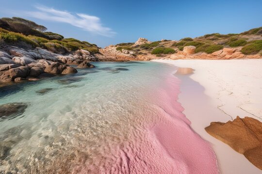 Stunning rose-tinted sandy shore at Budelli Island in Maddalena Archipelago, Sardinia. Generative AI