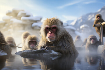  a group of monkeys relaxing in a water pool