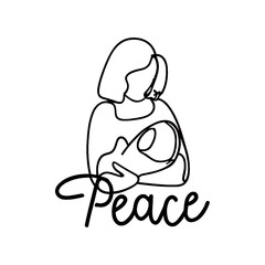 One Line continuous drawing of text "peace" and a Mother holding a baby, transparent background. Image created using artificial intelligence.