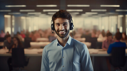Fototapeta premium Attractive telemarketing call center operator assisting clients to solve problems