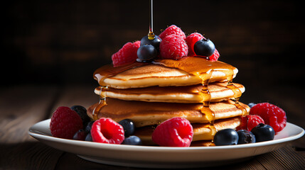  a delicious stack of pancakes topped with syrup and berries on a plate - obrazy, fototapety, plakaty