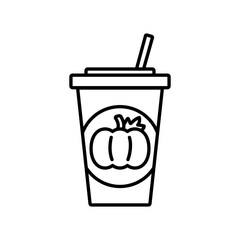 Glass with Pumpkin Latte or Cappuccino. Outline icon. Seasonal coffee with taste. Autumn hot drink to go. Disposable cup with straw. Linear image. Isolated picture. Vector illustration.