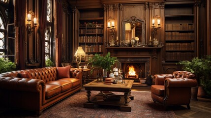 Fototapeta na wymiar Craft an image that showcases the elegance of a classic library with rich wooden bookshelves, leather-bound books, and a cozy fireplace