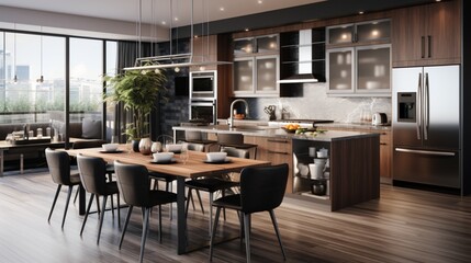 Craft an image that showcases the functionality of a modern kitchen with sleek appliances, quartz countertops, and ample storage