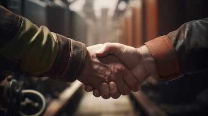 handshake between male workers in leather jackets on the background of the industrial interior of the factory