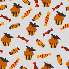 Halloween sweet candy pattern. sweet candies, scary bat lollipop and sweets. Vector Image.