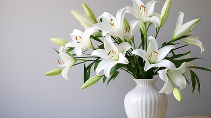 Create an elegant composition featuring a minimalist arrangement of white lilies, exuding purity and elegance in their simplicity