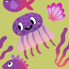 Cartoon fish seamless jellyfish and shall and coral pattern for fabrics and wrapping paper and kids clothes print