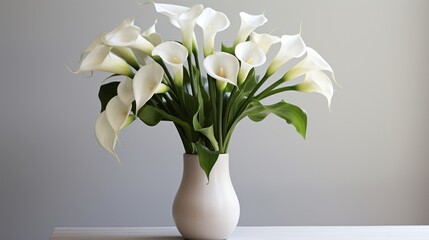 Create an elegant composition featuring a bouquet of white calla lilies, exuding purity and grace in their simple yet striking form
