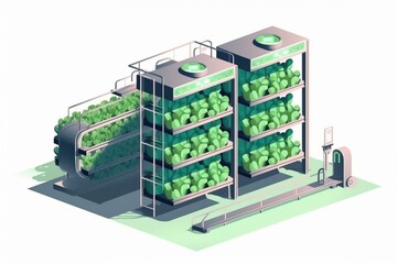 Isolated illustration of a plant factory for vertical vegetable farming with the use of robots. Generative AI