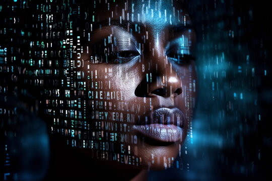 Black woman face with digital matrix numbers. Artificial intelligence. AI theme with a female human face