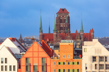 Obraz premium Towers of the old church of the Virgin Mary at dawn, Gdansk, Poland