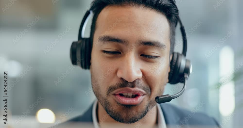Poster man, face and consulting in call center for customer service, advisory and it questions. happy asian