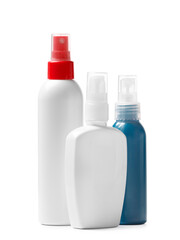 A set of plastic bottles with a sprayer and a pump dispenser for cosmetics, isolated on a white background.