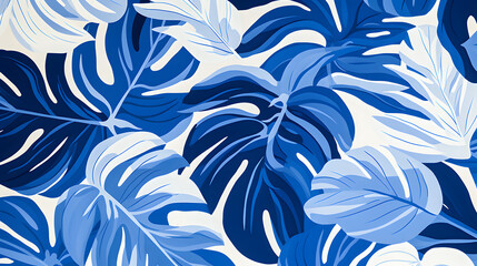 a tropical blue pattern with white leaves - obrazy, fototapety, plakaty