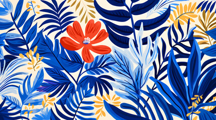 a tropical blue pattern with white leaves - obrazy, fototapety, plakaty