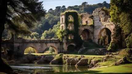 A stone chateau country house and gardens near the river Gardon in the Pont du Gard region of Provence France 