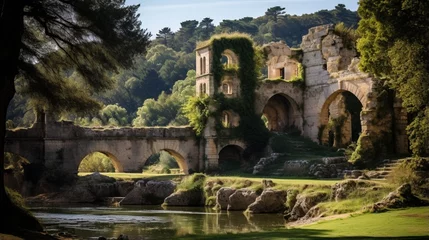 Fototapete Pont du Gard A stone chateau country house and gardens near the river Gardon in the Pont du Gard region of Provence France 
