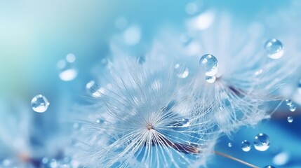 Beautiful dew drops on a dandelion seed macro. Beautiful blue background. Large golden dew drops on a parachute dandelion. Soft dreamy tender artistic image form 