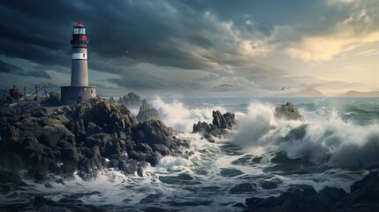  a picturesque view of a rustic lighthouse standing tall on a rocky coastline waves crashing around it  - Powered by Adobe