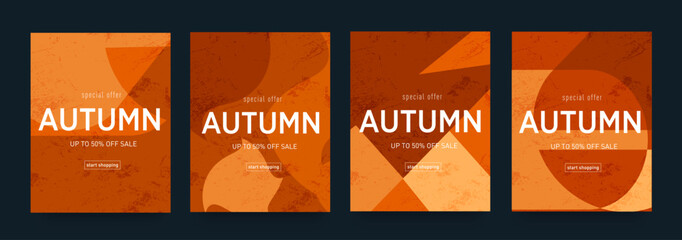 Modern Design Autumn Geometric Shape. Season Discount Offer 50%. Background Patterns in Art 70s for Advertising, Web, Social Media, Poster, Banner, Cover. Abstract Autumn Liquid Stripe.