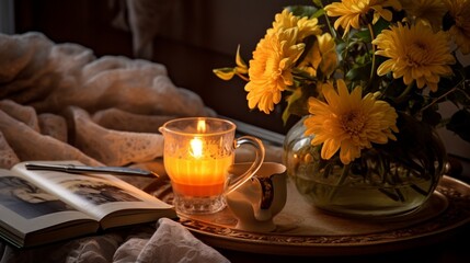 Cup of tea and chrysanthemum in vase with burning candles in bedroom 