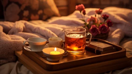 Deurstickers Cup of tea with burning candle on wooden tray on bed in bedroom in evening  © Shahzaib