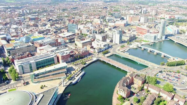 Aerial view on buildings and Lagan River in City center of Belfast Northern Ireland. Drone photo, high angle view of town