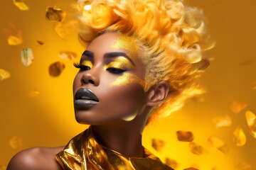 Fashion model in golden. Woman with golden makeup