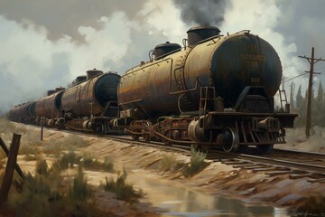 A depiction of train cars carrying oil tanks on railway tracks. Generative AI