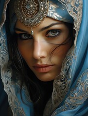 Fashion portrait of young beautiful woman with costume wearing hijab. Cultural authentic clothing style, covered part of the body, beautiful gorgeous clothes. Nice outfit, great look.