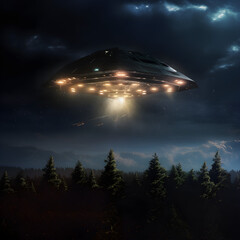 Obraz na płótnie Canvas Ufo in the night sky, triangular unidentified flying object at night