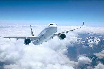 Civil airplane is flying above the day clouds, travel trip vacation